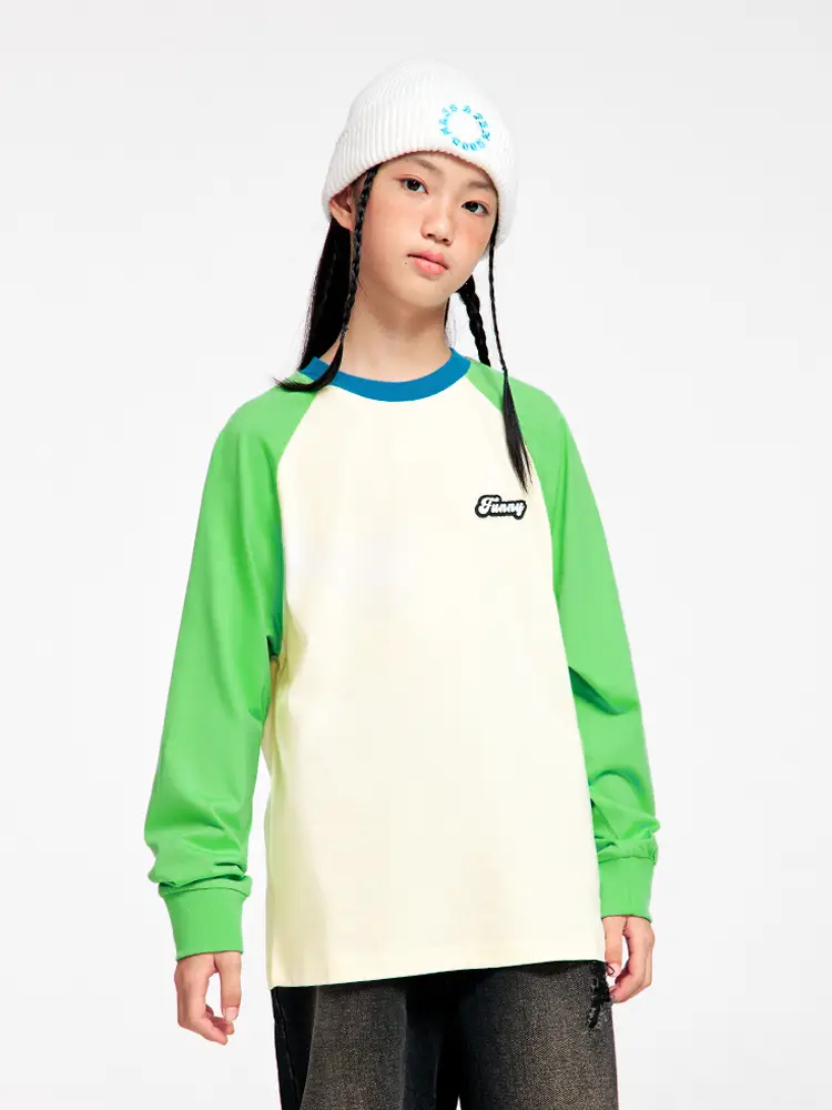 Kids Color Matching Raglan Sleeve T-Shirt Green Cream - Image 7