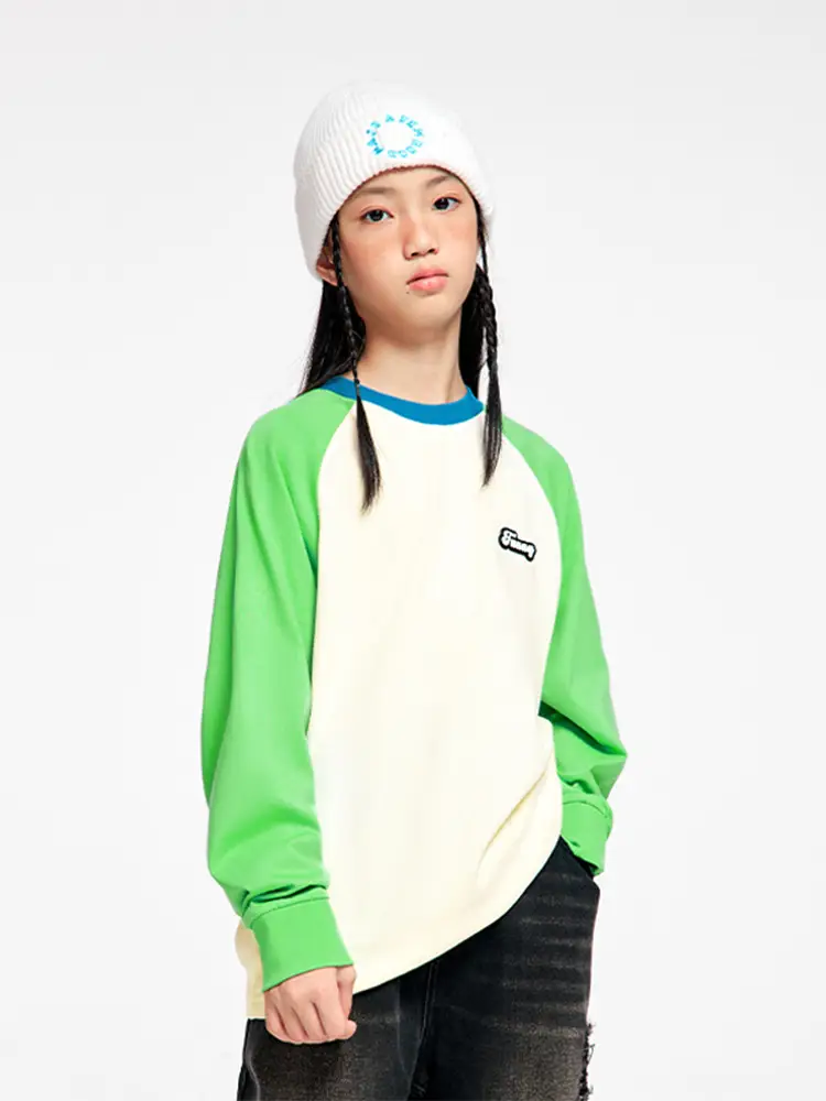 Kids Color Matching Raglan Sleeve T-Shirt Green Cream - Image 8