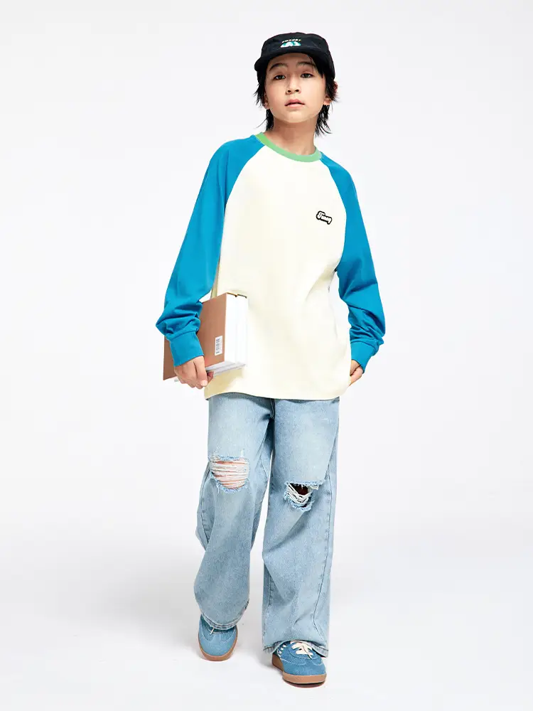 Kids Color Matching Raglan Sleeve T-Shirt Green Cream - Image 9