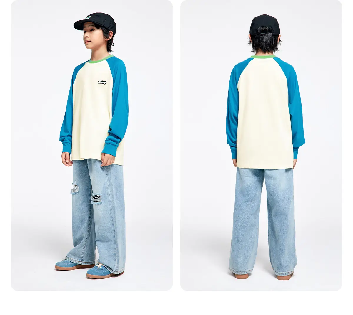 Kids Color Matching Raglan Sleeve T-Shirt Green Cream — feature 17