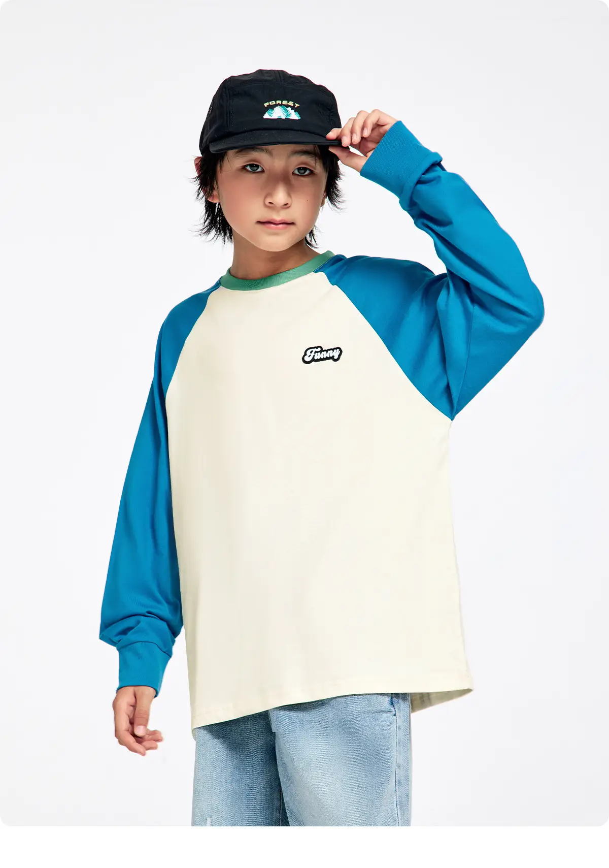 Kids Color Matching Raglan Sleeve T-Shirt Green Cream — feature 19