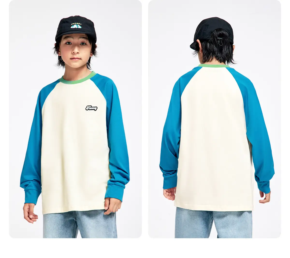 Kids Color Matching Raglan Sleeve T-Shirt Green Cream — feature 20