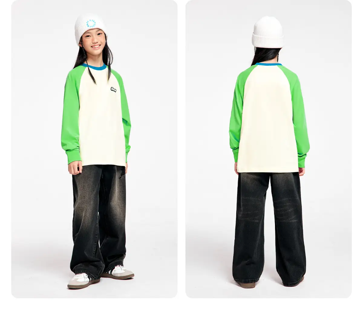 Kids Color Matching Raglan Sleeve T-Shirt Green Cream — feature 23