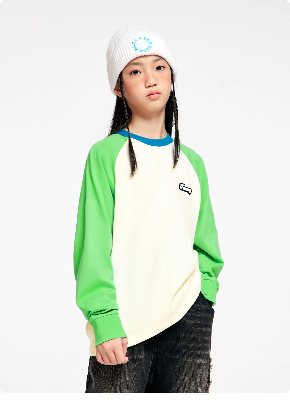 Kids Color Matching Raglan Sleeve T-Shirt Green Cream — feature 26