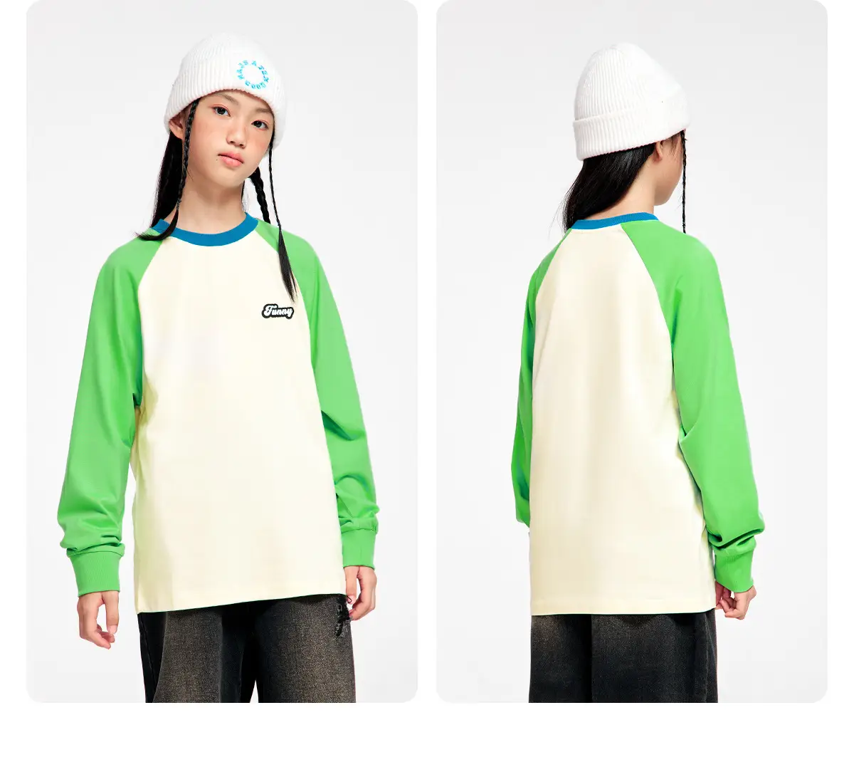 Kids Color Matching Raglan Sleeve T-Shirt Green Cream — feature 27