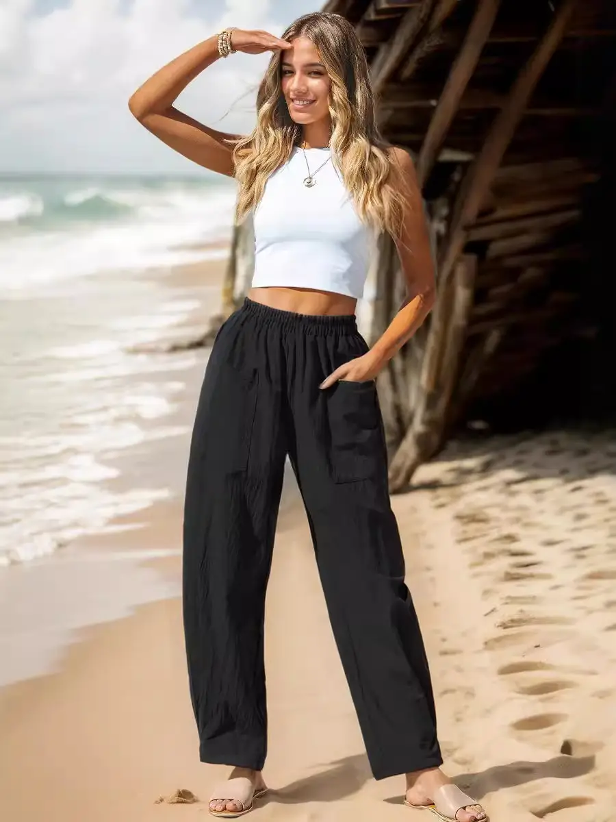 Women's Elastic Waist Casual Pants Black Spring Summer