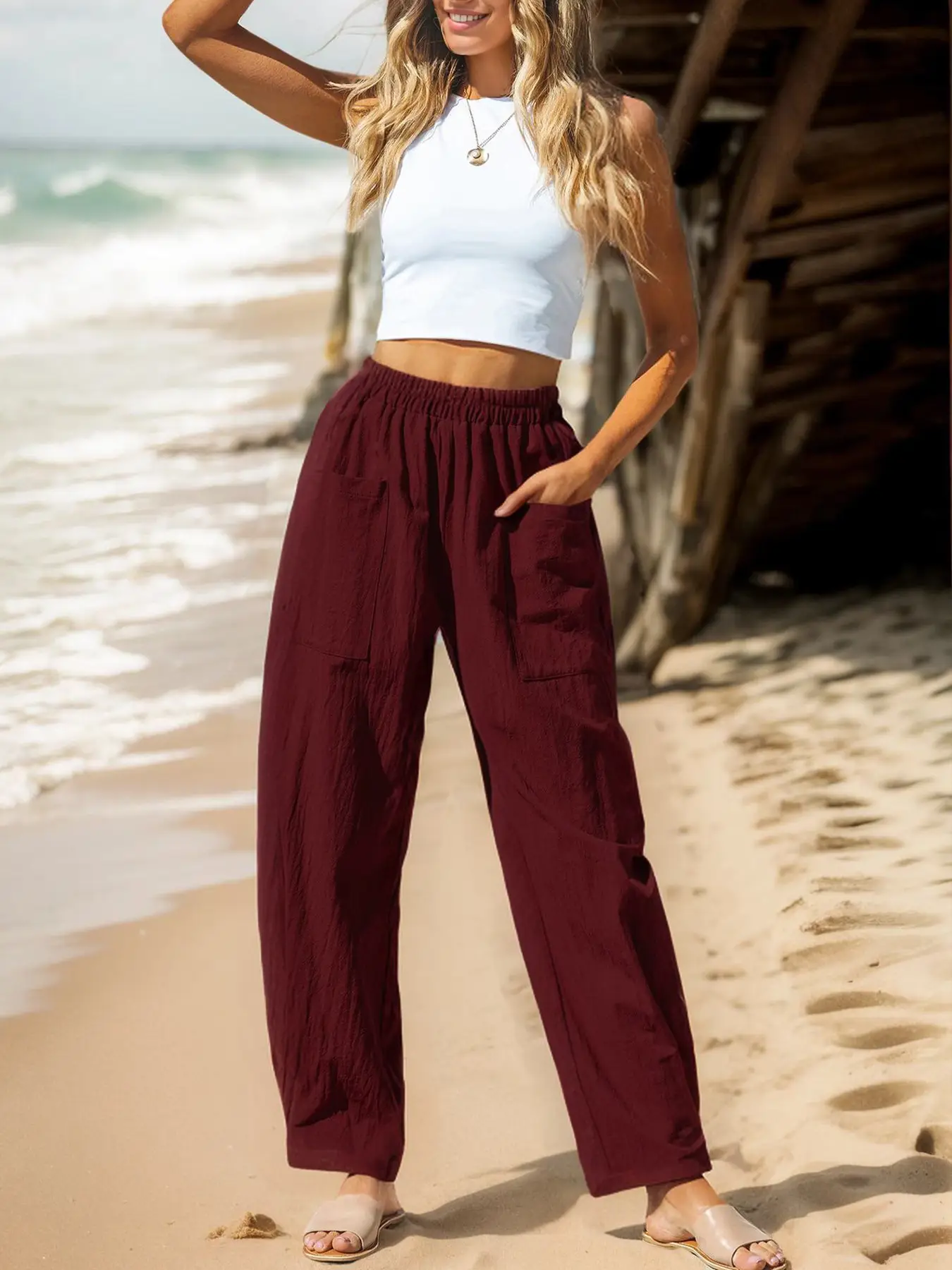 Women's Elastic Waist Casual Pants Black Spring Summer