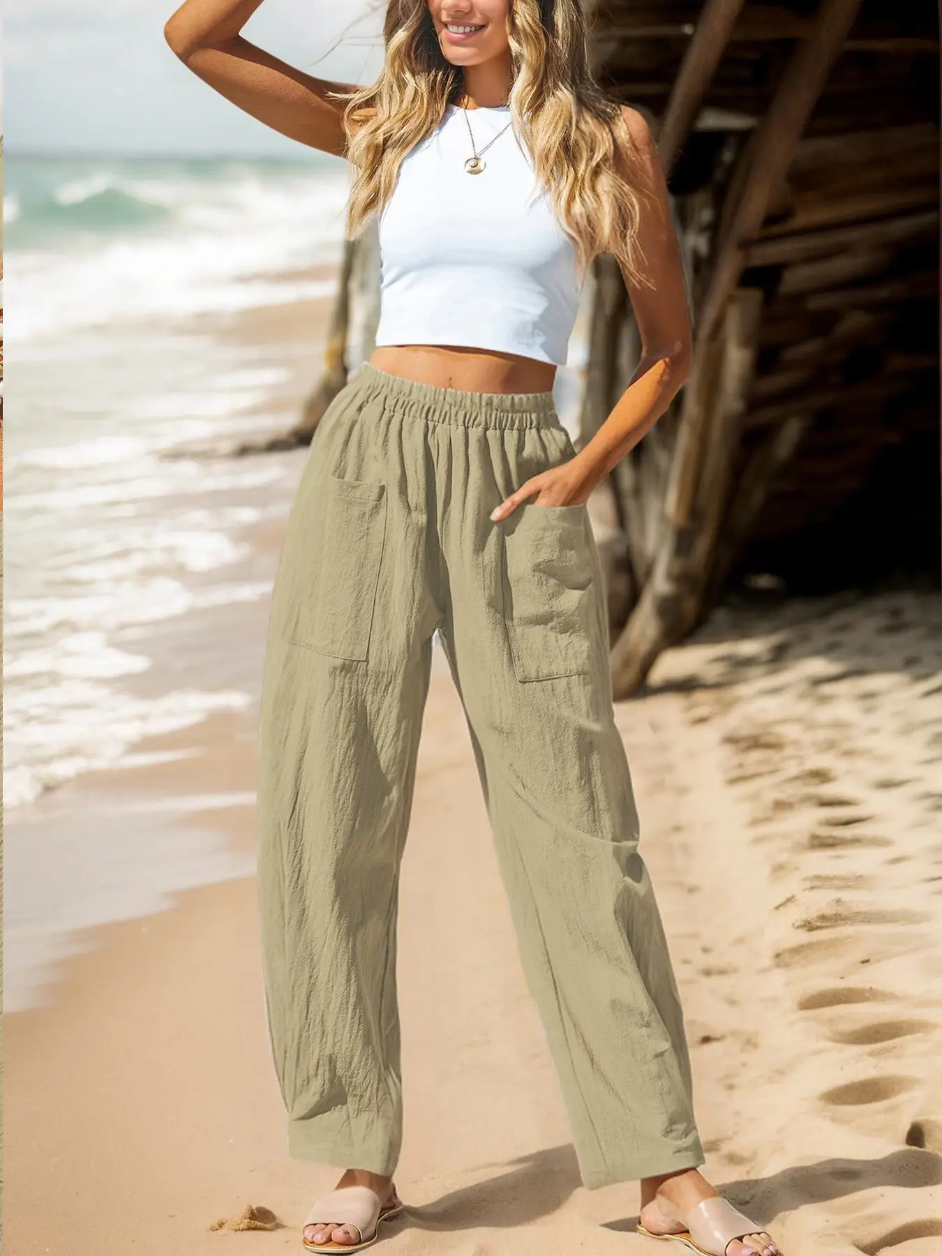 Women's Elastic Waist Casual Pants Black Spring Summer