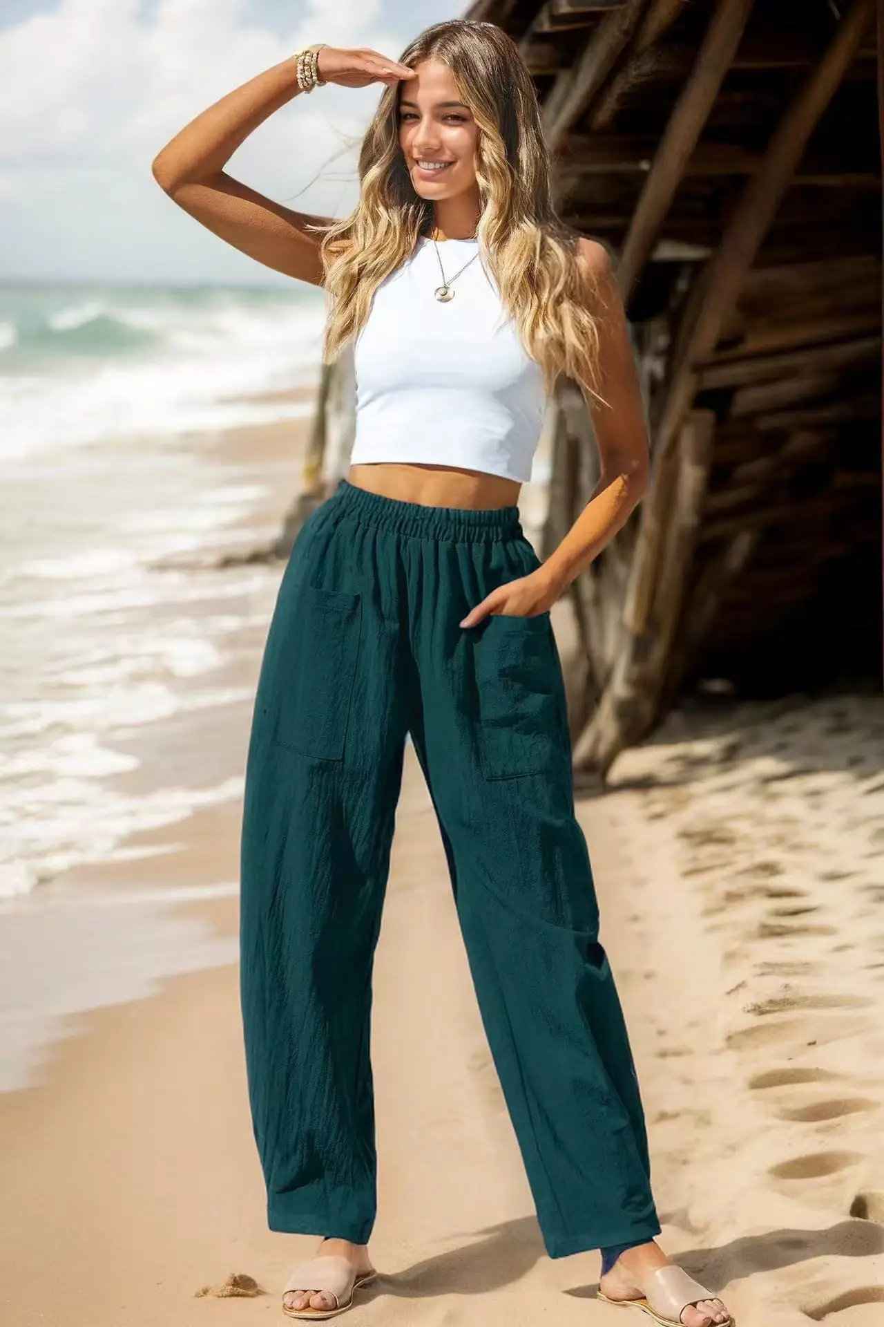 Women's Elastic Waist Casual Pants Black Spring Summer