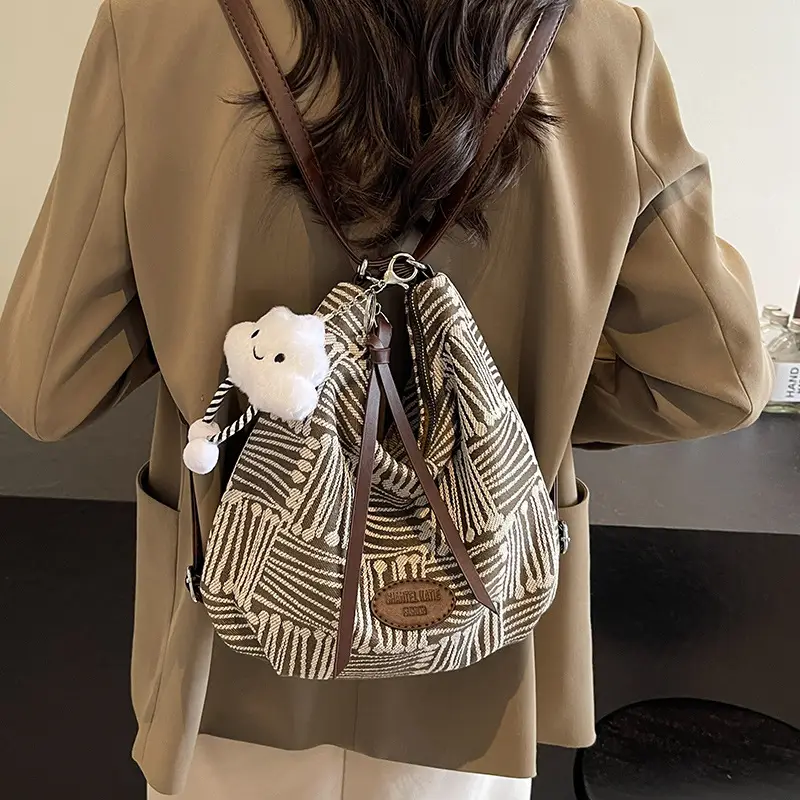 Women's Striped Cotton Shoulder Bag with Pom Pom - Image 6