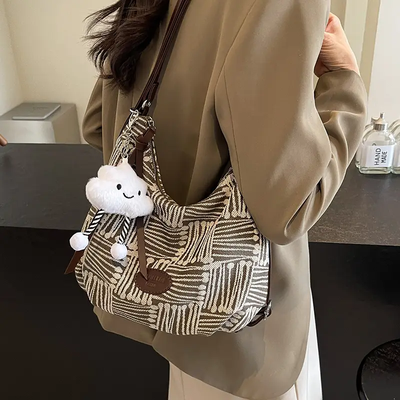 Women's Striped Cotton Shoulder Bag with Pom Pom - Image 7