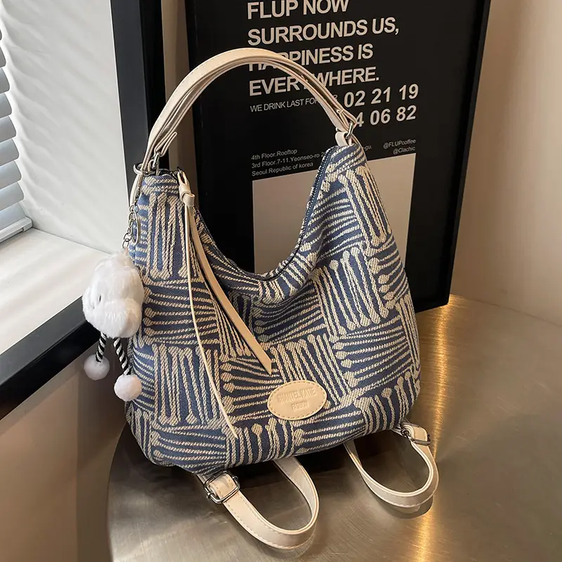 Women's Striped Cotton Shoulder Bag with Pom Pom - Image 8