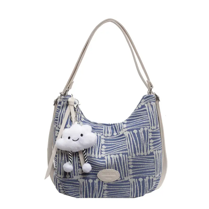 Women's Striped Cotton Shoulder Bag with Pom Pom - Image 9
