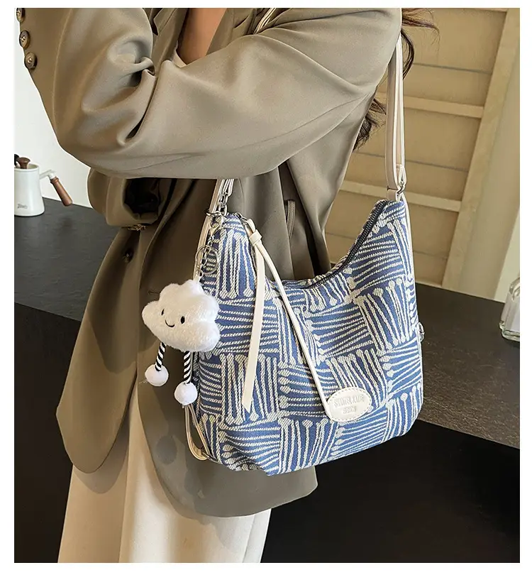Women's Striped Cotton Shoulder Bag with Pom Pom — feature 10