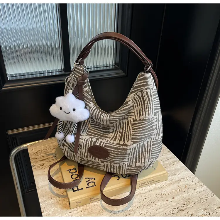 Women's Striped Cotton Shoulder Bag with Pom Pom — feature 21