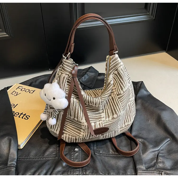 Women's Striped Cotton Shoulder Bag with Pom Pom — feature 22