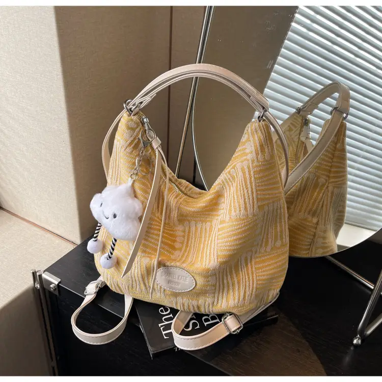 Women's Striped Cotton Shoulder Bag with Pom Pom — feature 23