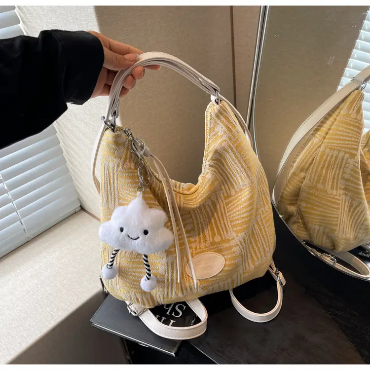 Women's Striped Cotton Shoulder Bag with Pom Pom — feature 24