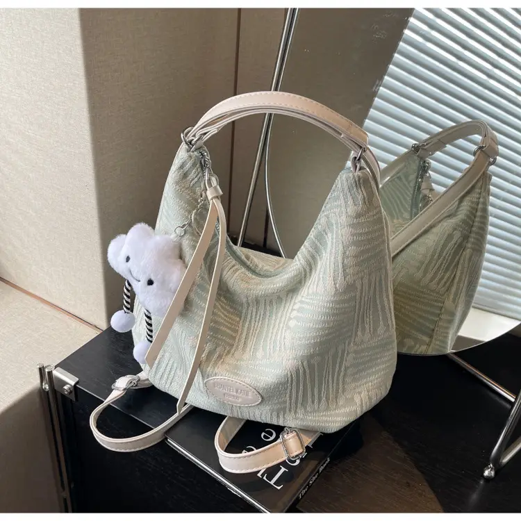 Women's Striped Cotton Shoulder Bag with Pom Pom — feature 25