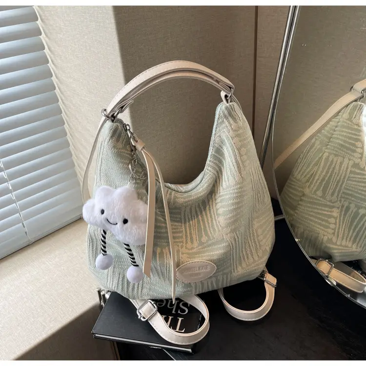 Women's Striped Cotton Shoulder Bag with Pom Pom — feature 26
