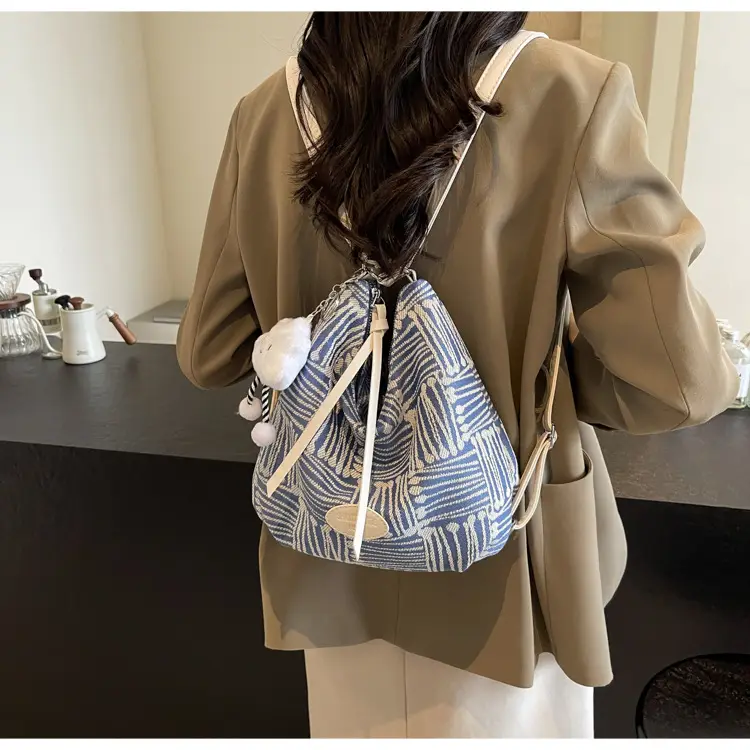 Women's Striped Cotton Shoulder Bag with Pom Pom — feature 29