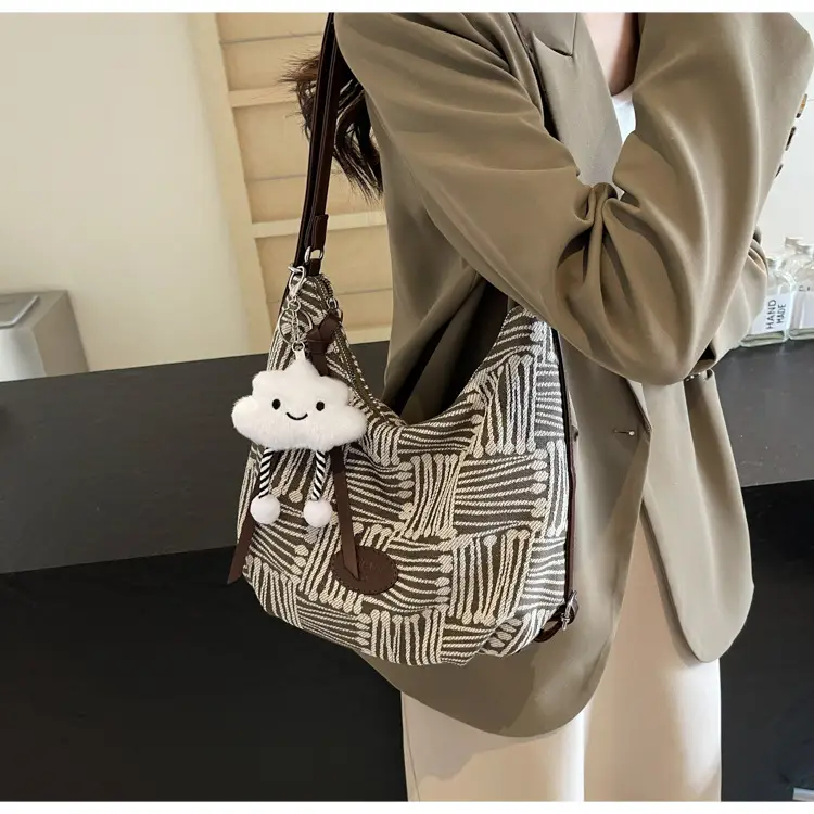 Women's Striped Cotton Shoulder Bag with Pom Pom — feature 30