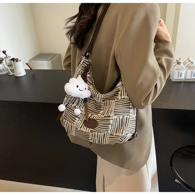 Women's Striped Cotton Shoulder Bag with Pom Pom — feature 31