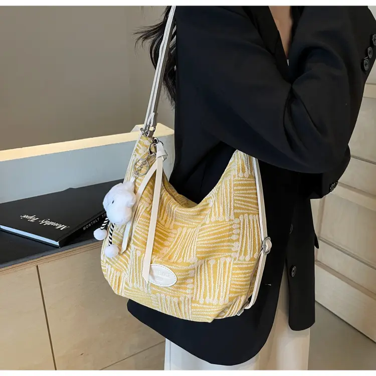 Women's Striped Cotton Shoulder Bag with Pom Pom — feature 33