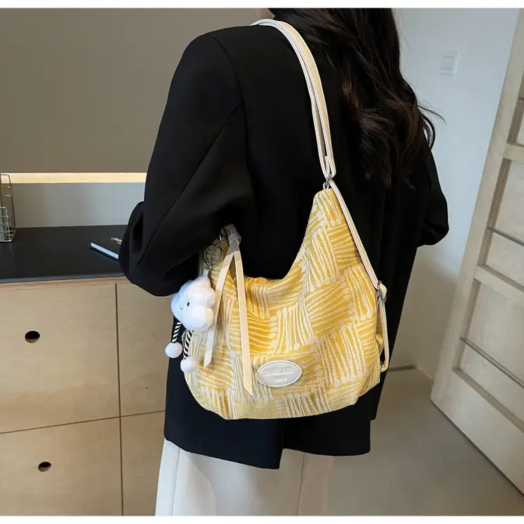 Women's Striped Cotton Shoulder Bag with Pom Pom — feature 34