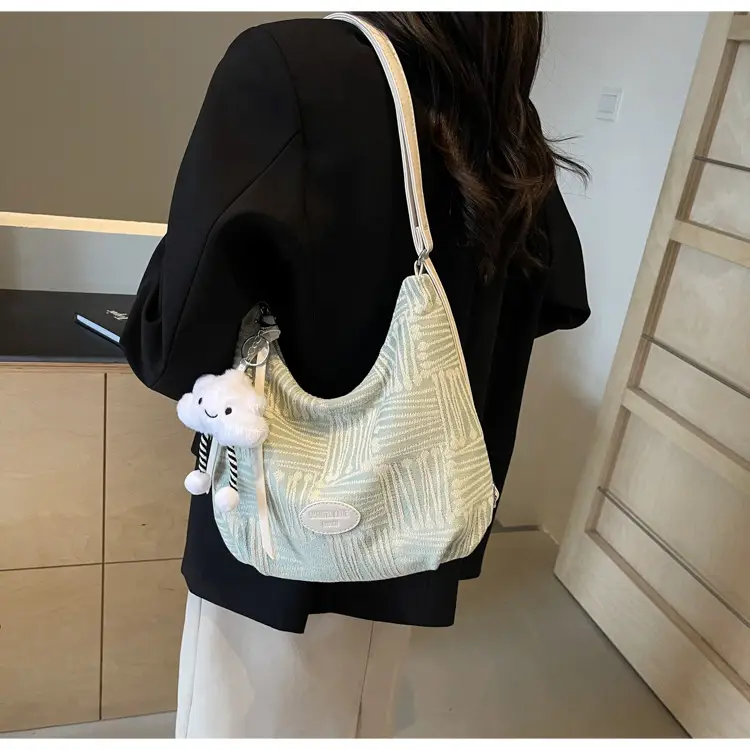 Women's Striped Cotton Shoulder Bag with Pom Pom — feature 37