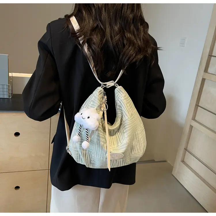 Women's Striped Cotton Shoulder Bag with Pom Pom — feature 38