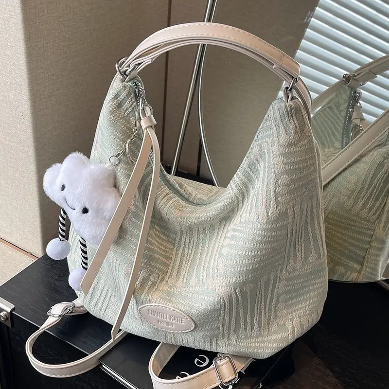 Women's Striped Cotton Shoulder Bag with Pom Pom - Image 2
