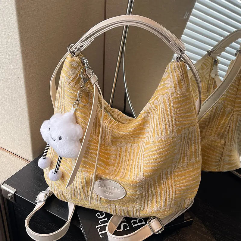 Women's Striped Cotton Shoulder Bag with Pom Pom - Image 3