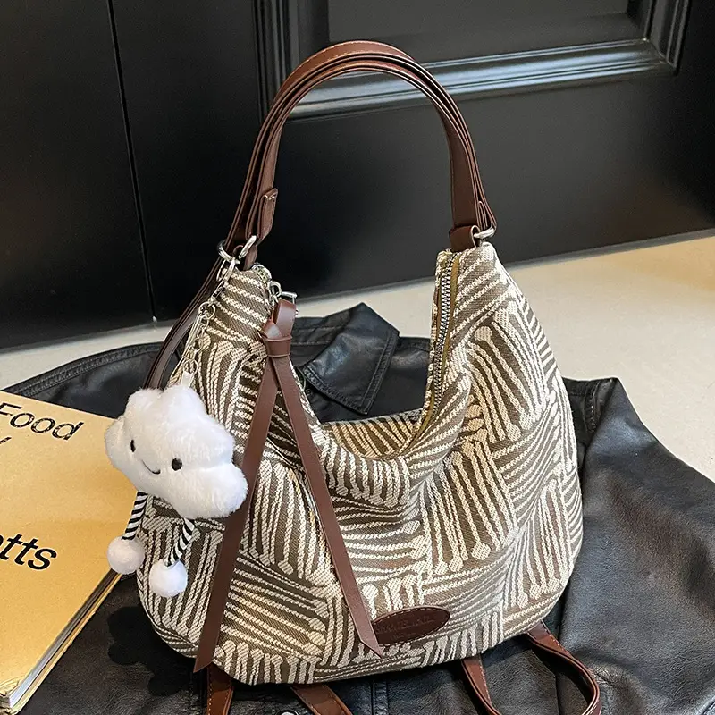 Women's Striped Cotton Shoulder Bag with Pom Pom - Image 4