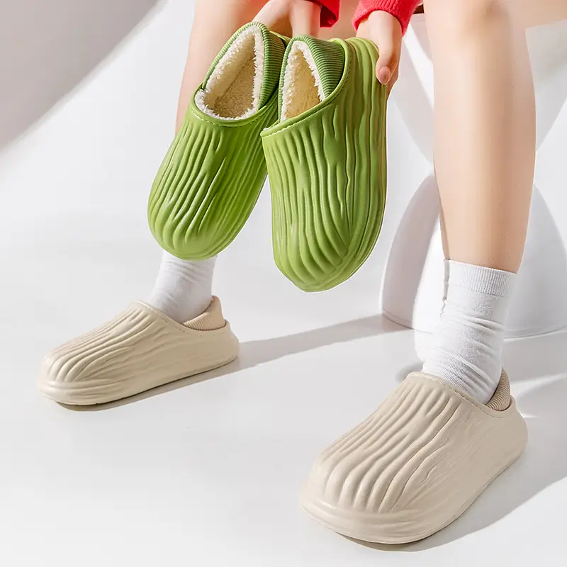 New Bitter Melon Striped Cotton Slippers Waterproof and Stain-Resistant Home Cotton Shoes Women's Thick-Soled Fleece-Lined Winter Warm Cotton Shoes for Outer Wear - Image 8