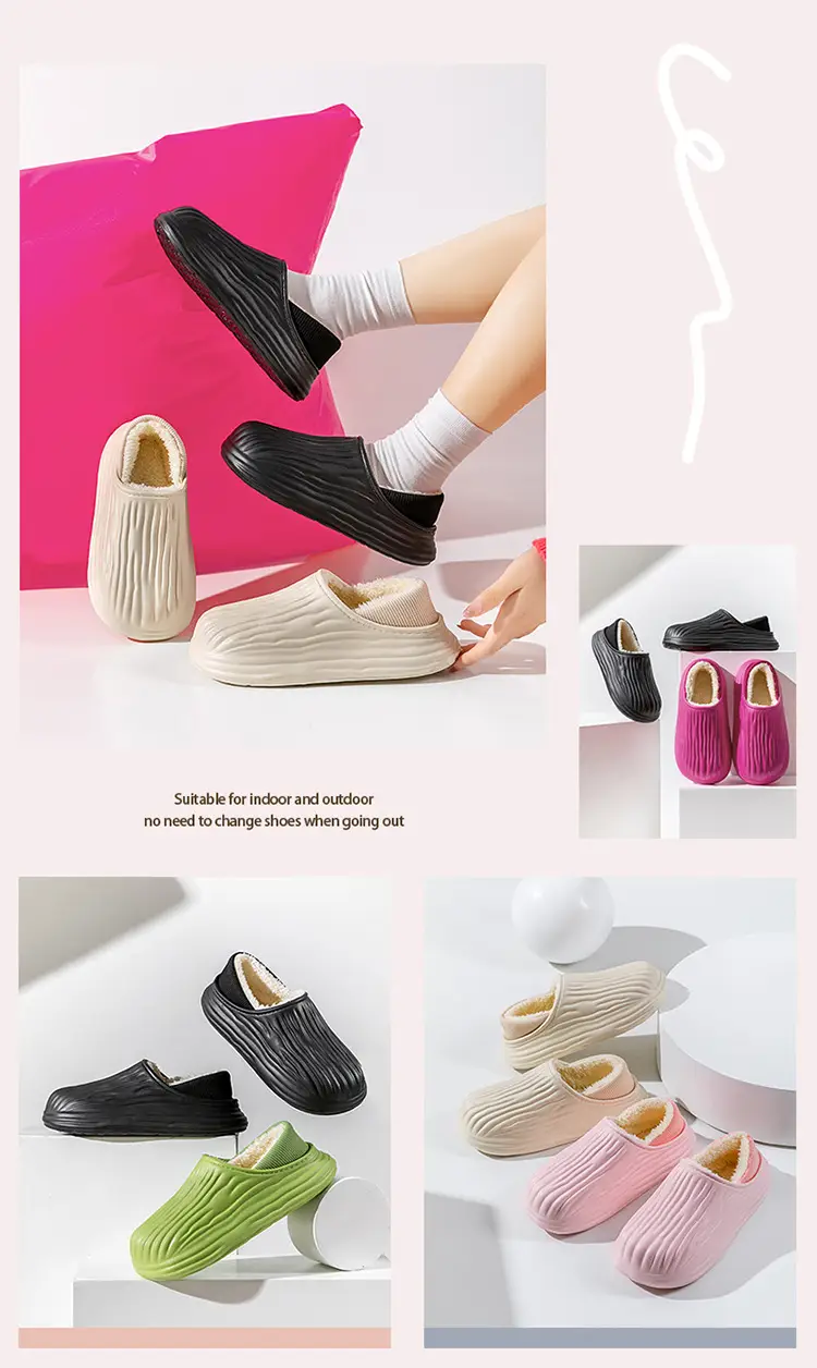 New Bitter Melon Striped Cotton Slippers Waterproof and Stain-Resistant Home Cotton Shoes Women's Thick-Soled Fleece-Lined Winter Warm Cotton Shoes for Outer Wear — feature 20