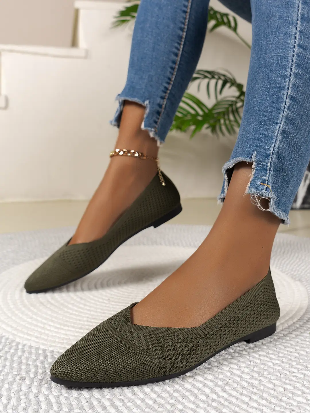 Size 36-43 Summer Pointed Toe Flat Knitted Shoes Solid Color Fashion Casual Easiest for Match Slip-On Shoes Plaid — feature 11
