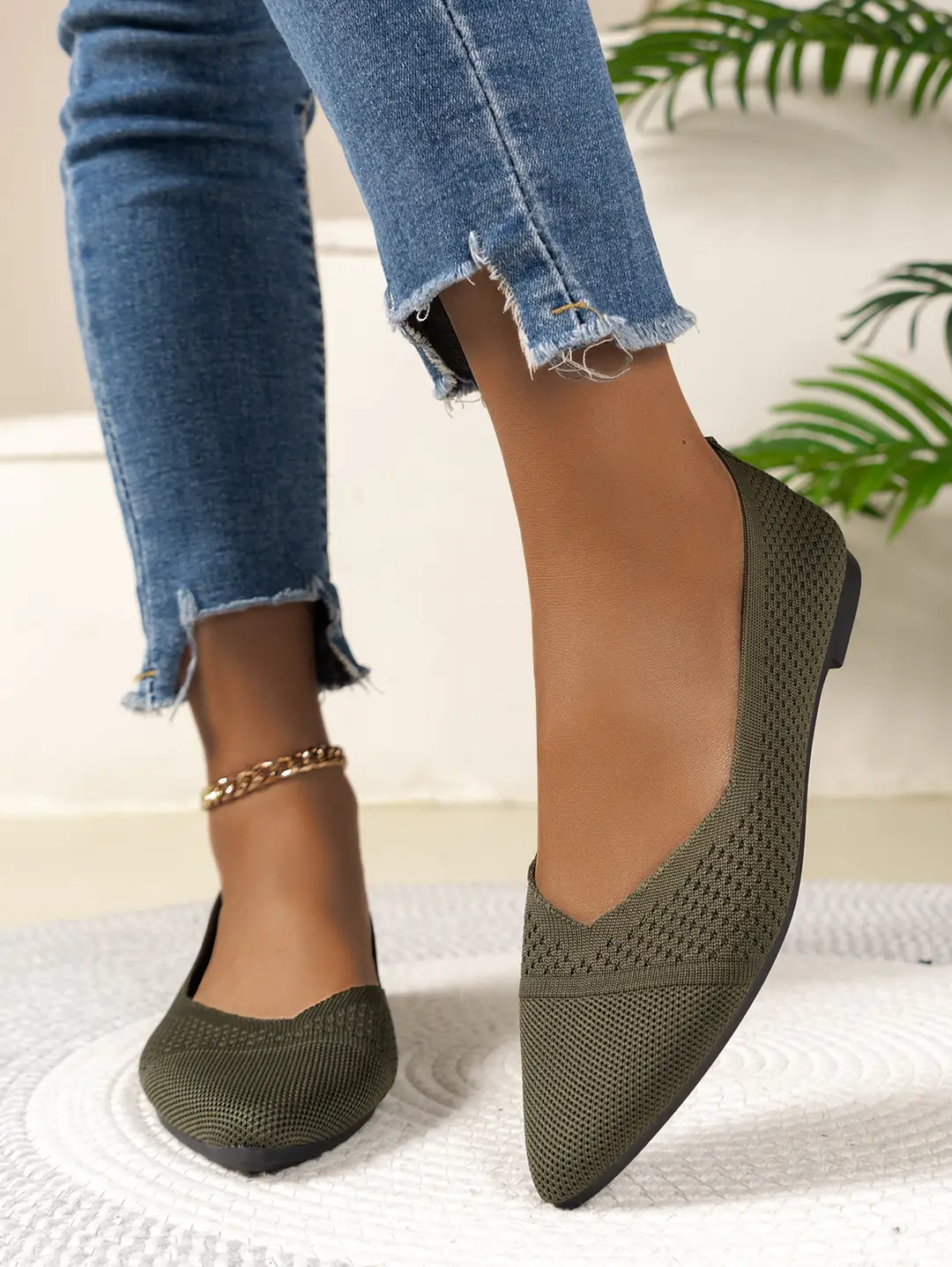 Size 36-43 Summer Pointed Toe Flat Knitted Shoes Solid Color Fashion Casual Easiest for Match Slip-On Shoes Plaid — feature 12