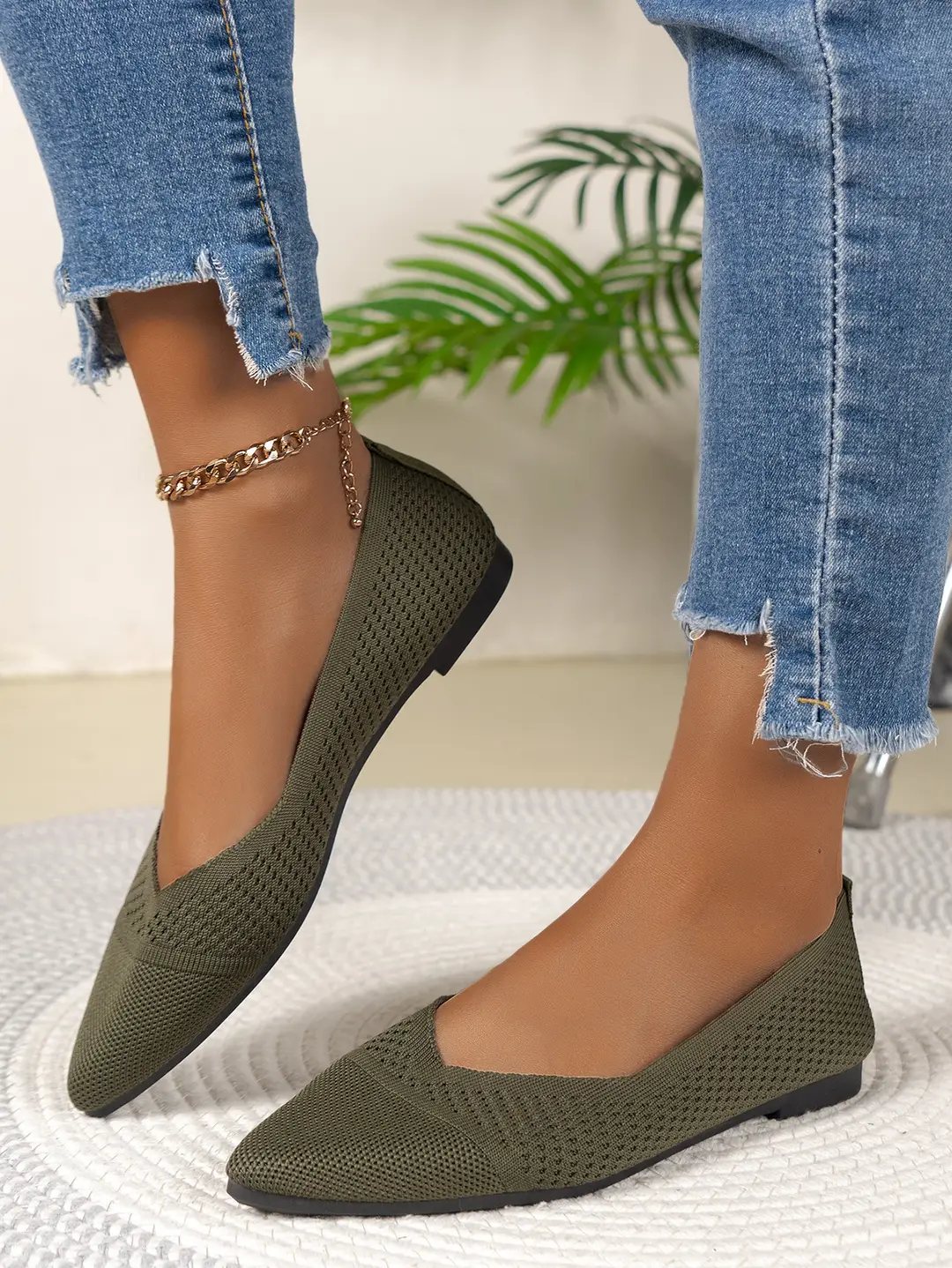 Size 36-43 Summer Pointed Toe Flat Knitted Shoes Solid Color Fashion Casual Easiest for Match Slip-On Shoes Plaid — feature 13