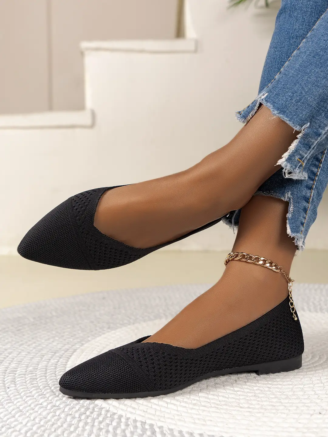 Size 36-43 Summer Pointed Toe Flat Knitted Shoes Solid Color Fashion Casual Easiest for Match Slip-On Shoes Plaid — feature 3