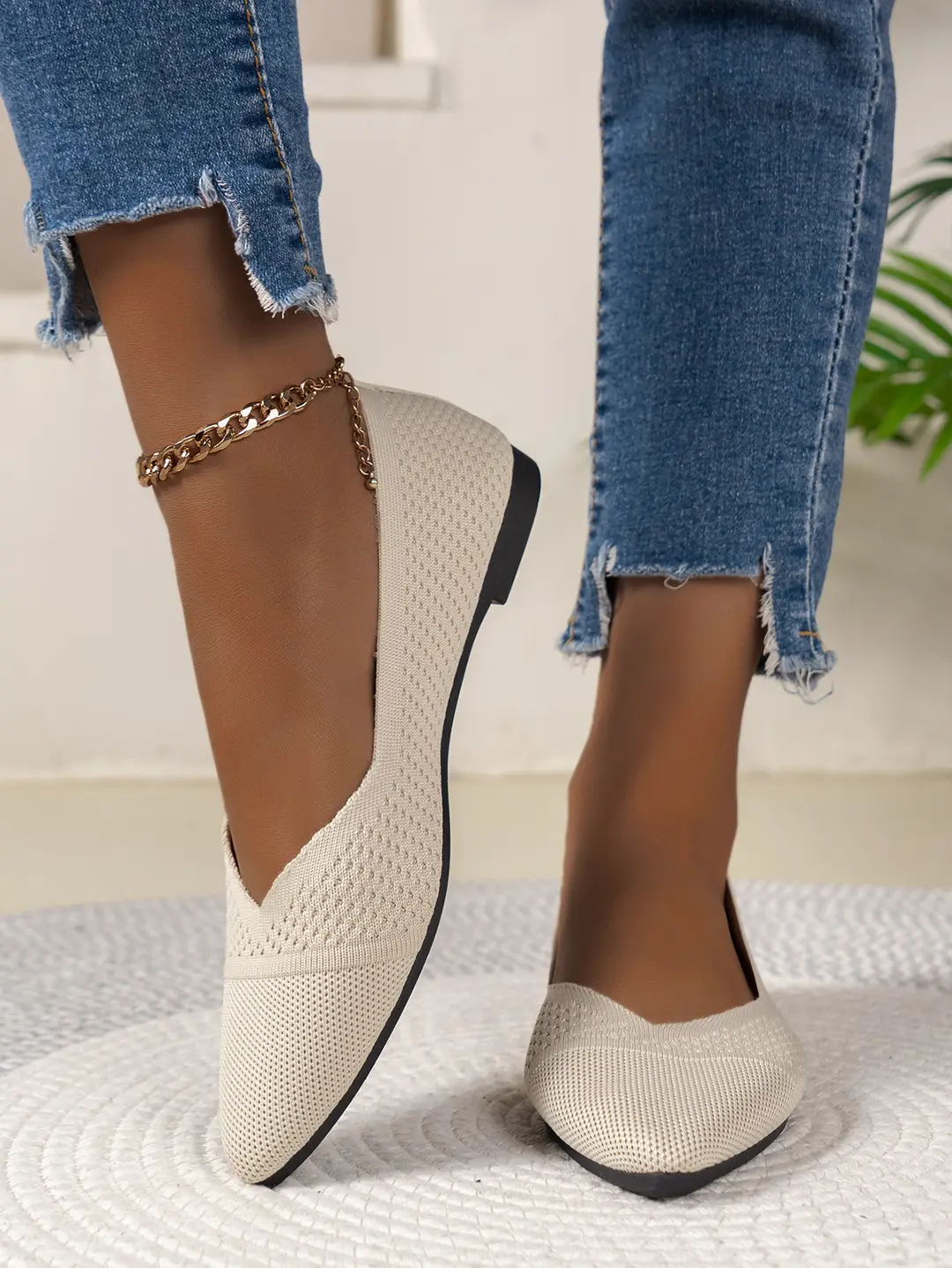 Size 36-43 Summer Pointed Toe Flat Knitted Shoes Solid Color Fashion Casual Easiest for Match Slip-On Shoes Plaid — feature 6