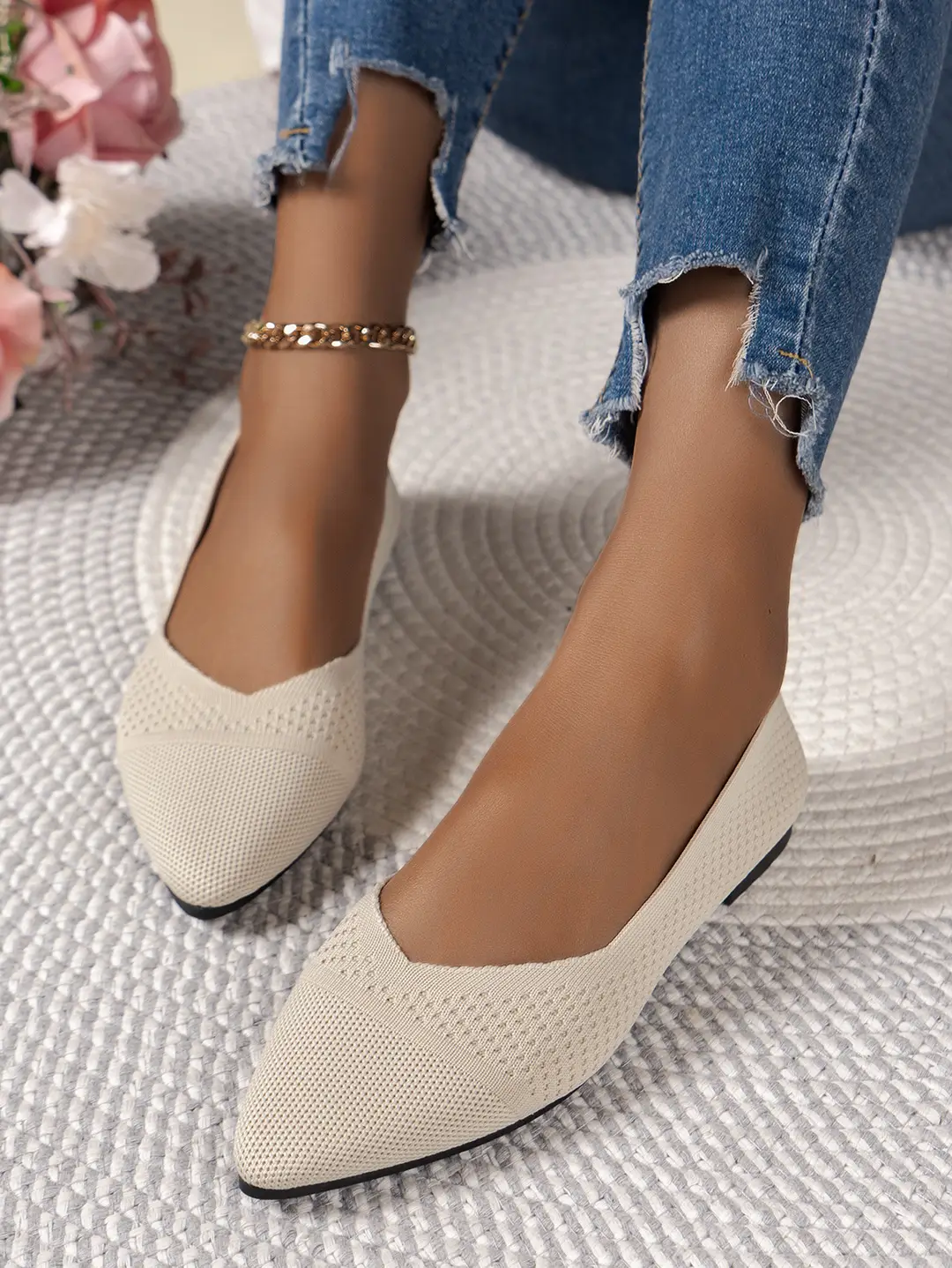 Size 36-43 Summer Pointed Toe Flat Knitted Shoes Solid Color Fashion Casual Easiest for Match Slip-On Shoes Plaid — feature 7