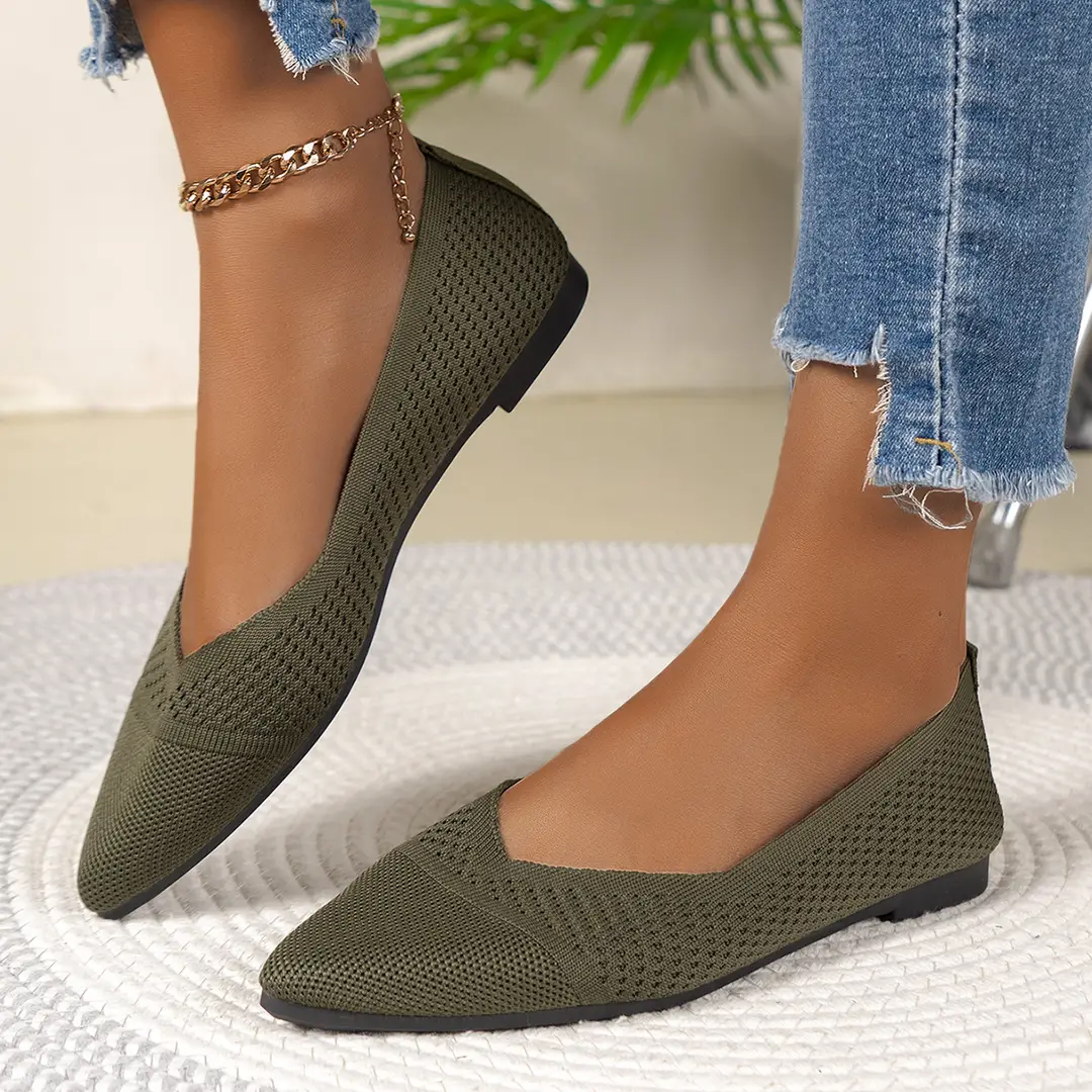 Size 36-43 Summer Pointed Toe Flat Knitted Shoes Solid Color Fashion Casual Easiest for Match Slip-On Shoes Plaid