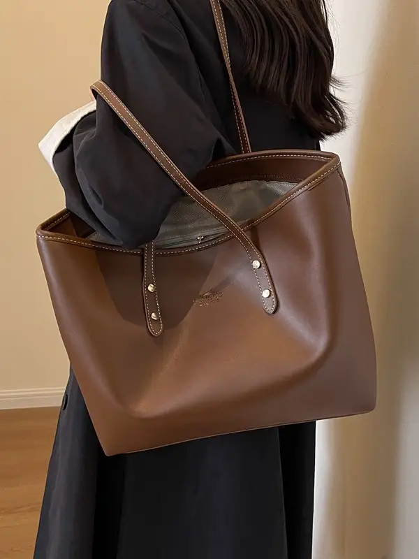 Women's Black Leather Tote Bag Large Capacity Winter Commute - Image 6