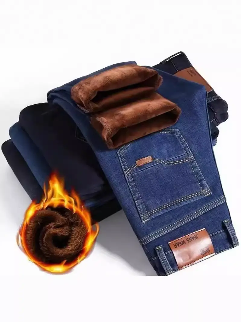 Men Blue Fleece Lined Winter Warm Jeans - Image 6