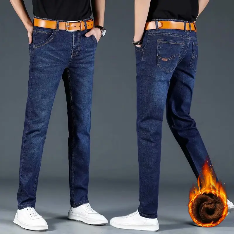 Men Blue Fleece Lined Winter Warm Jeans - Image 2
