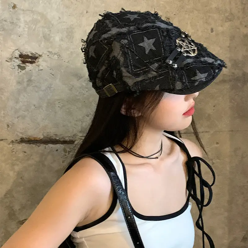 Punk Star Denim Beret Women Summer Newsboy Cap - Image 3