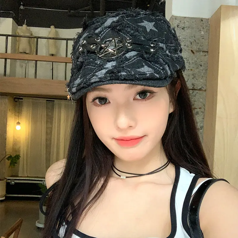 Punk Star Denim Beret Women Summer Newsboy Cap - Image 4