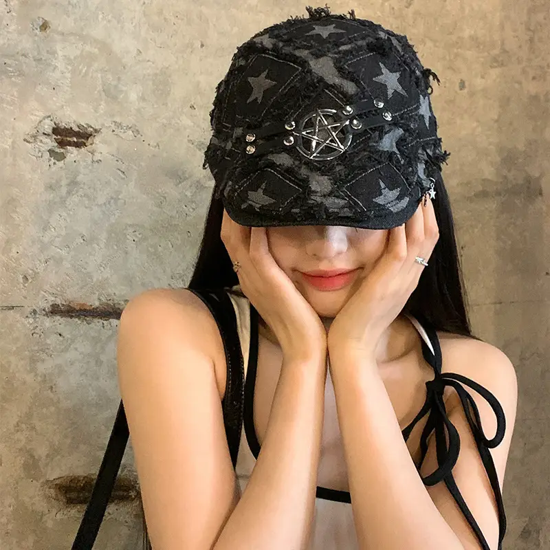Punk Star Denim Beret Women Summer Newsboy Cap - Image 5