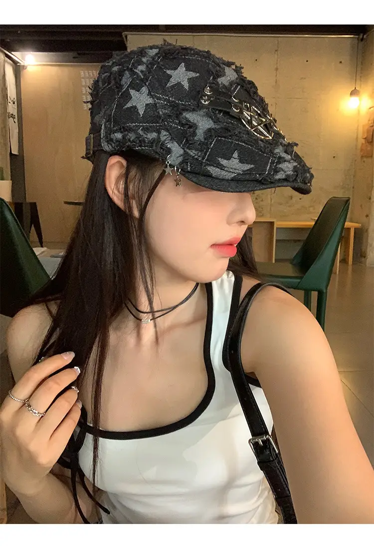 Punk Star Denim Beret Women Summer Newsboy Cap — feature 10